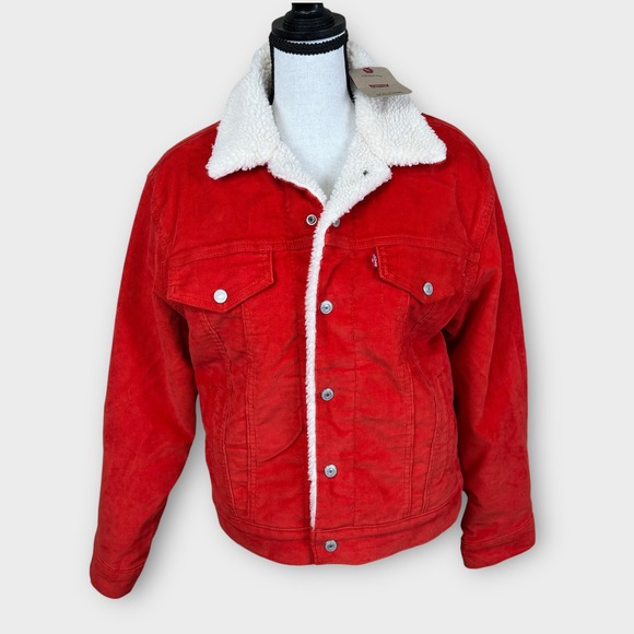 Levi Strauss Ex Boyfriend Sherpa Lined Corduroy Trucker Jacket Red Size S - Picture 2 of 10